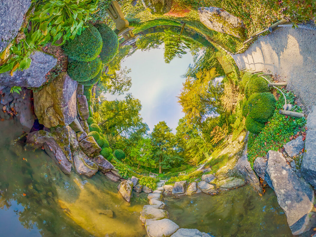 Grünes Elfenreich mit hohen Bäumen, verschiedenen Pflanzen und einer in der Ferne weiten Blumenwiese. Im Vordergrund ist ein klarer Wasserlauf zu sehen, über den ein Weg führt, der durch ausreichend große Steine gebildet ist, über die man mühelos gehen kann. An einem sanft blauen Himmel scheint eine zarte Sonne.