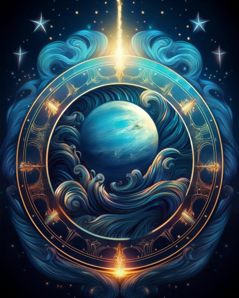 Im dunklen Weltall ein großer türkisblauer Planet, umgeben von einem Ring aus goldfarben und türkis. Den Planet und den Ring umgeben Ornamente des Jugendstils in türkiser Farbe. Magischer Anblick.