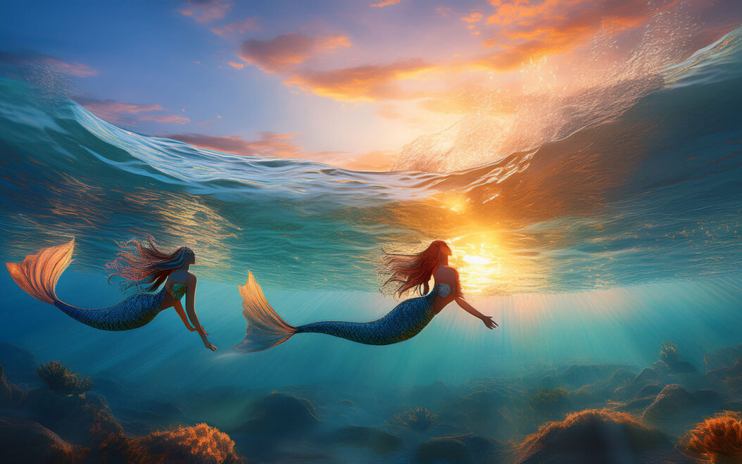 Meerjungfrauen unter der Wasseroberfläche des Meeres bei Sonnenuntergang.