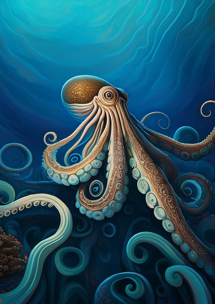 Großer, leicht goldfarbener Oktopus im blauen Meer.