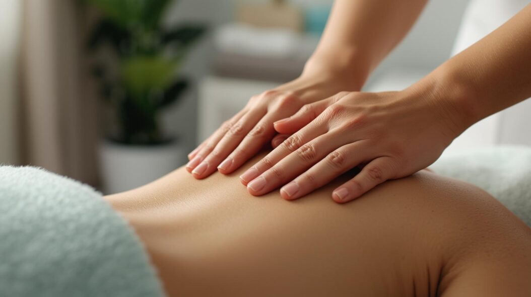 Schoene Frauenhaende einer medizinischen Masseurin bei der Rueckenmassage Umgebung ist lichtvoll positiv heilend1